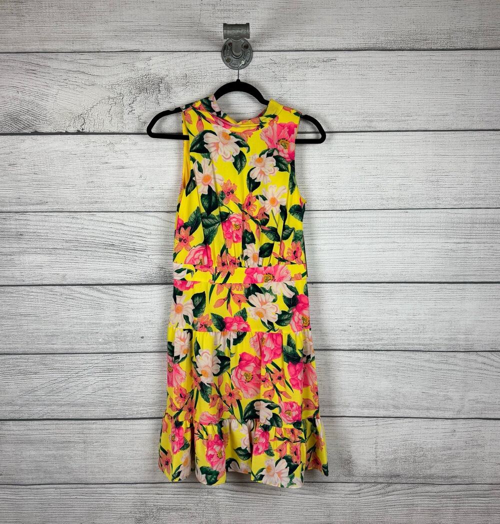 Eliza J Women's Yellow Floral Mock Neck Spring Sleeveless Mini Dress Size 8